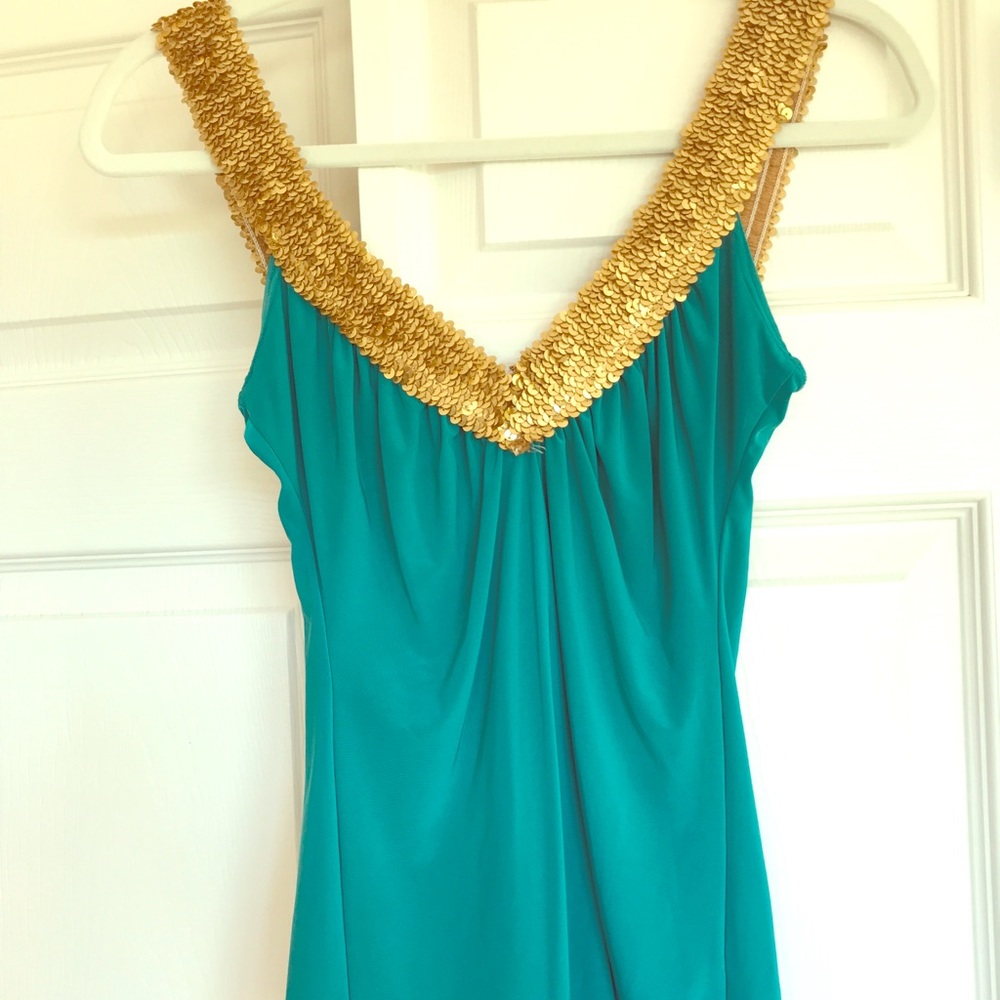 Turquoise top with gold sequins